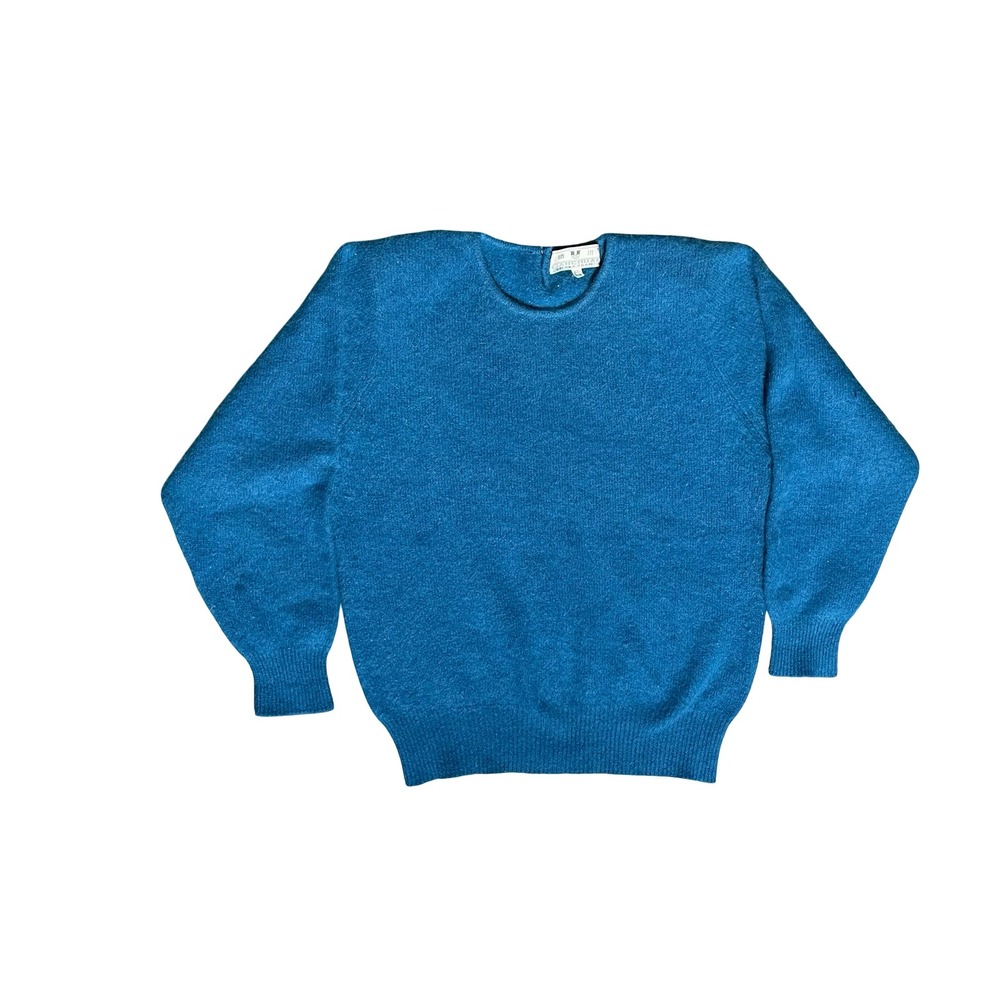 Vintage  Turquoise Blue Fuzzy Knit Crewneck Sweater with Shoulder Pads Size M